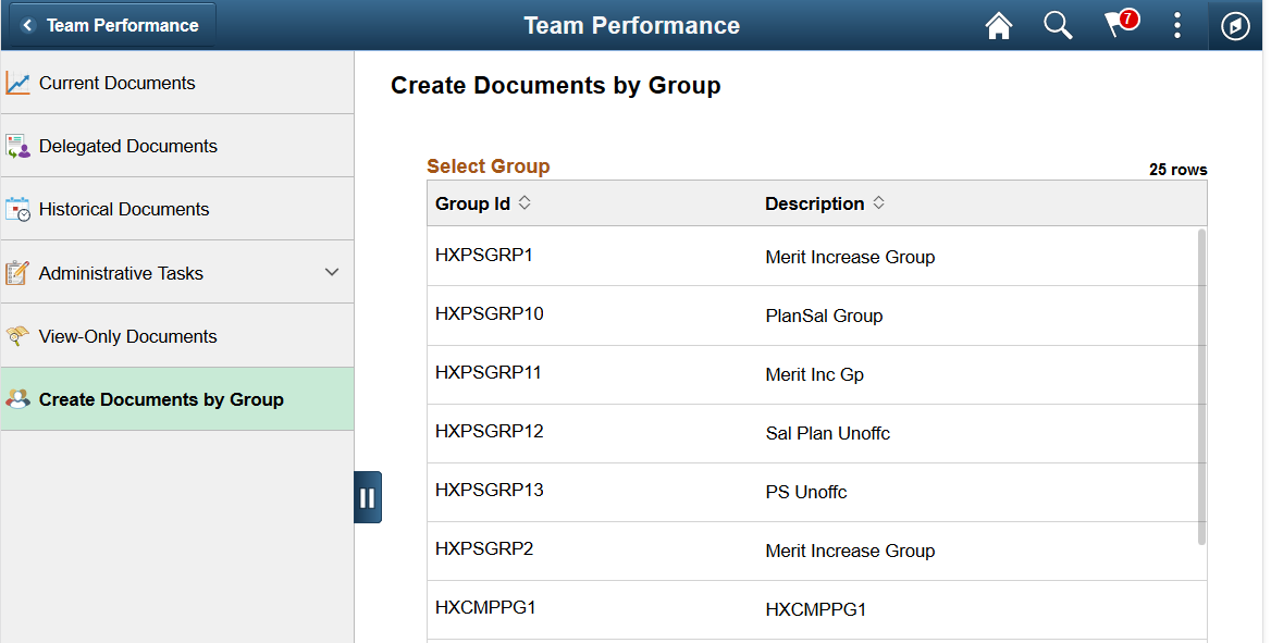 Create Documents by Group - Select Group page (Team Performance)