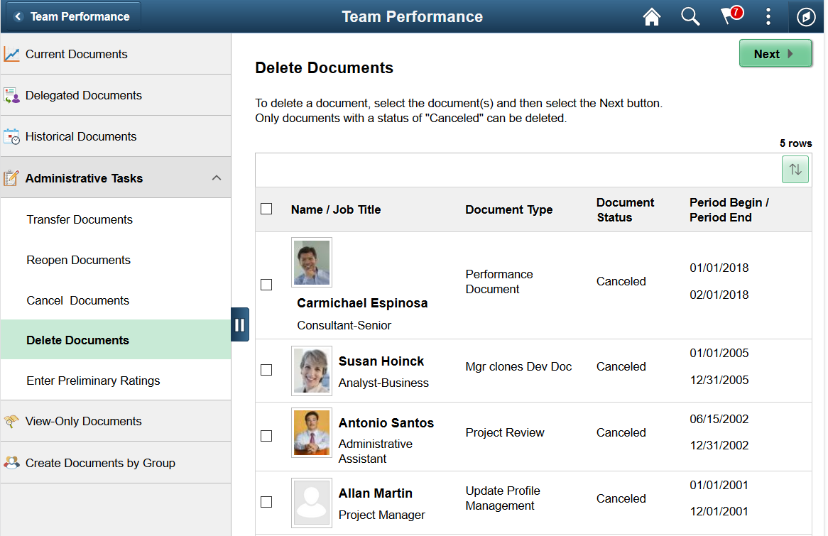 Delete Documents page (Team Performance)