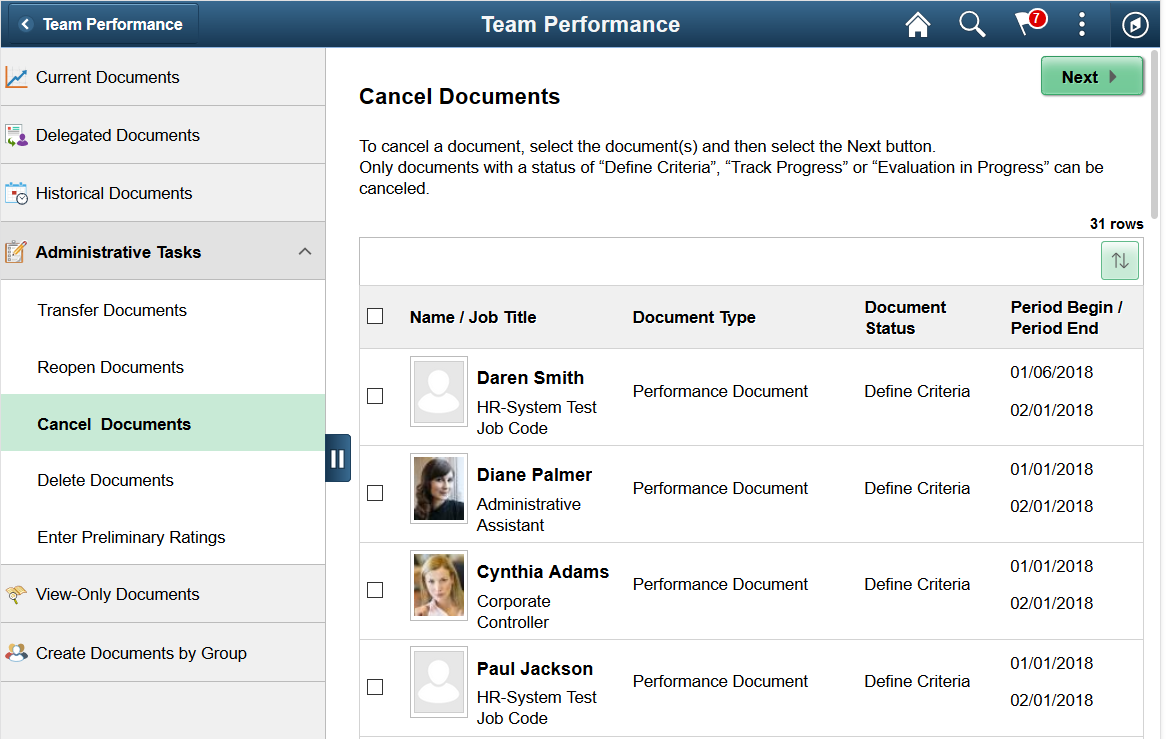 Cancel Documents page (Team Performance)