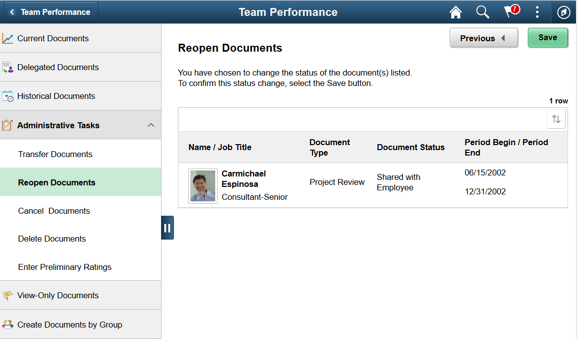 Reopen Documents - Confirmation page (Team Performance)
