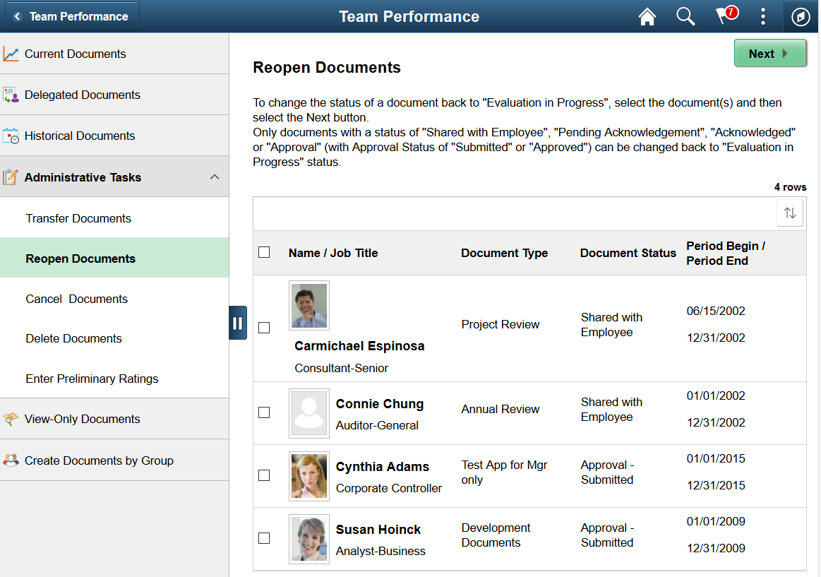 Reopen Documents page (Team Performance)