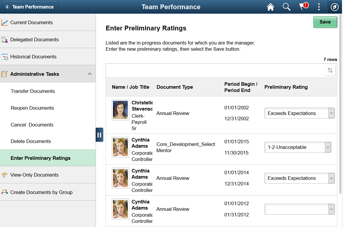 Enter Preliminary Ratings page (Team Performance)