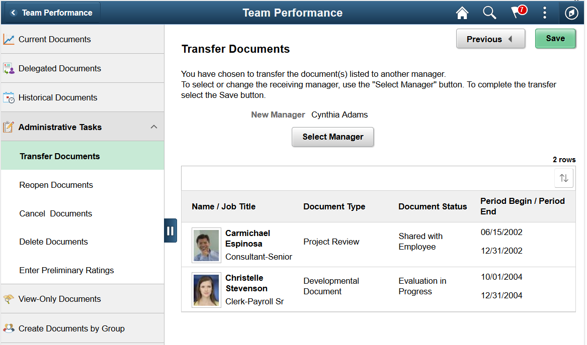 Transfer Documents - Confirmation page (Team Performance)