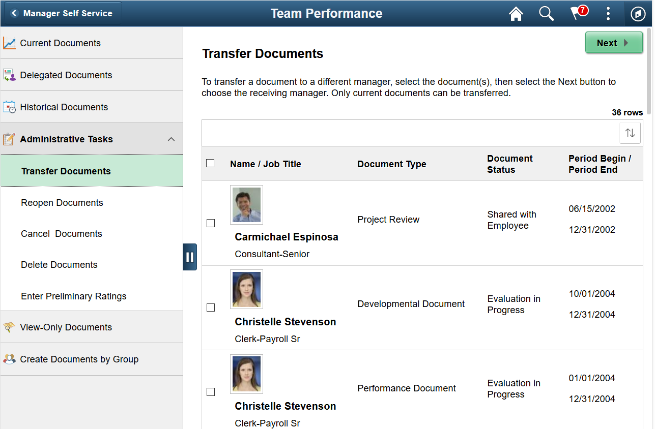 Transfer Documents page (Team Performance)