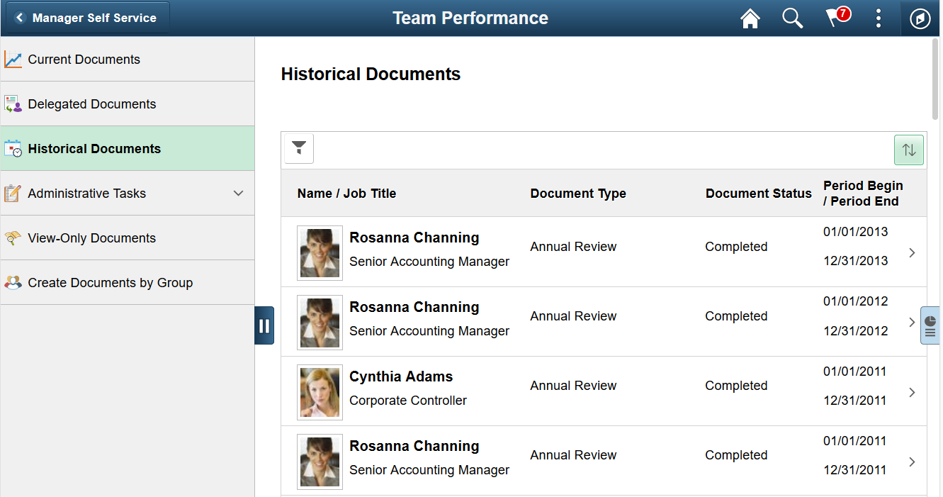 Historical Documents page (Team Performance)