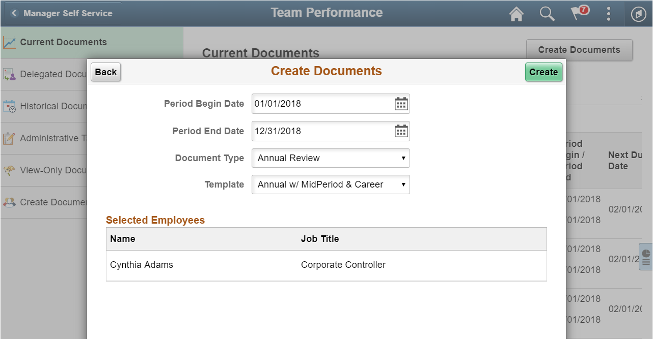 Create Documents page (Team Performance)