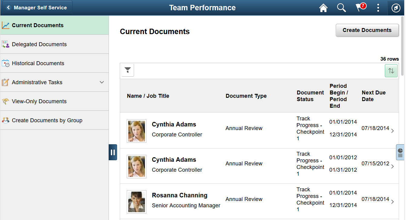 (Tablet) Current Documents page (Team Performance)