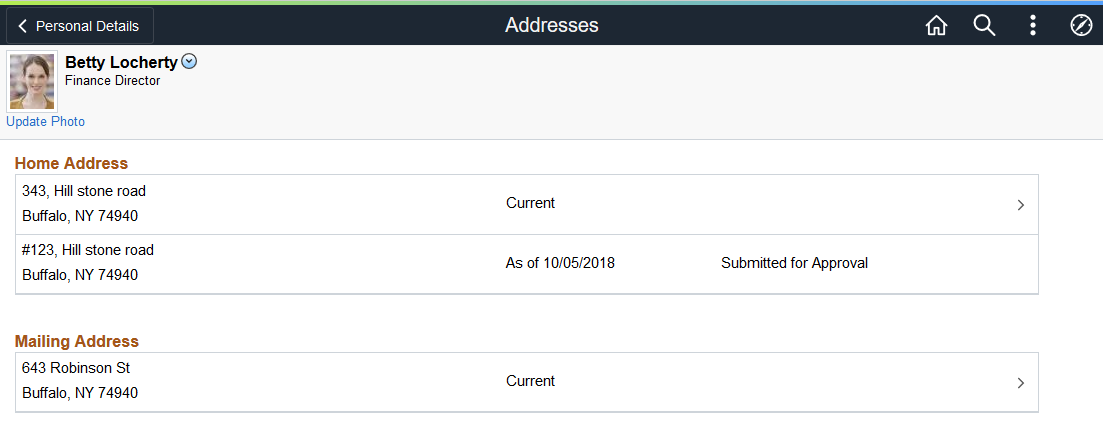 Example of the Addresses Transaction Page Accessed from the Personal Details Dashboard