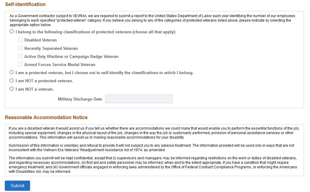 Veteran Status page (2 of 2)