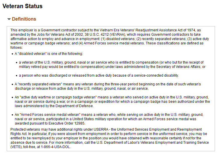 Veteran Status page (1 of 2)