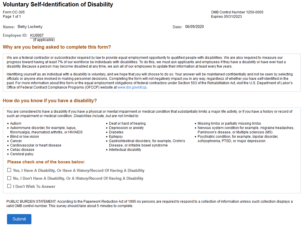 Voluntary Self-Identification of Disability page