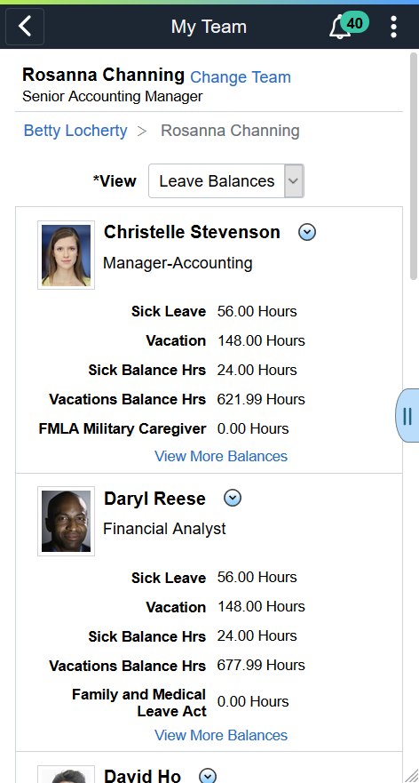 (Smartphone) My Team - Leave Balances page