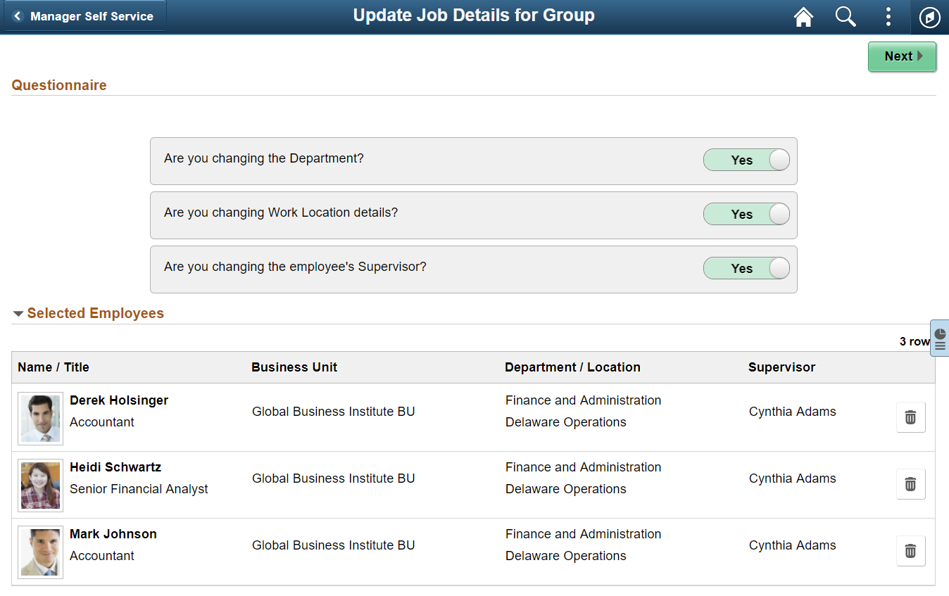 Questionnaire page - Update Job Details for Group