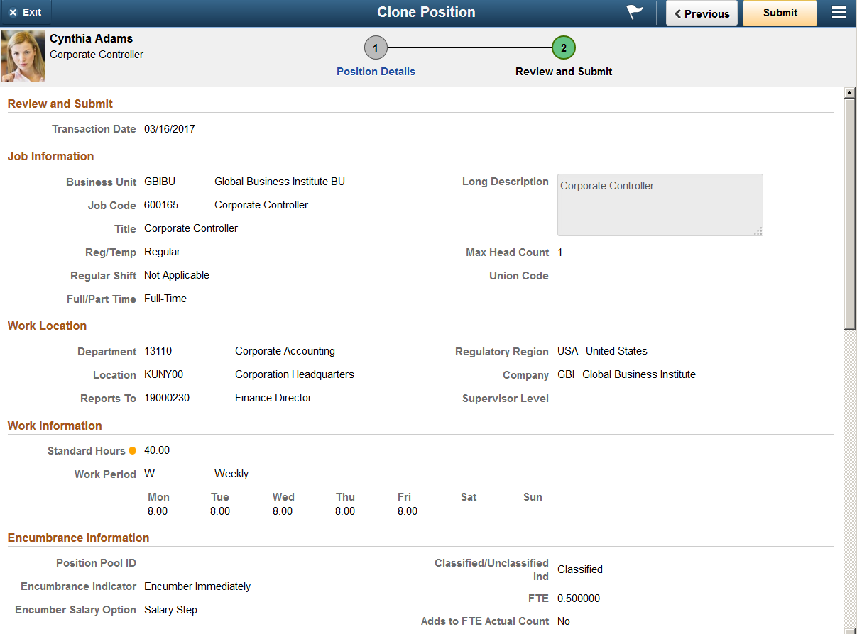 Review and Submit page for the Clone Position transaction