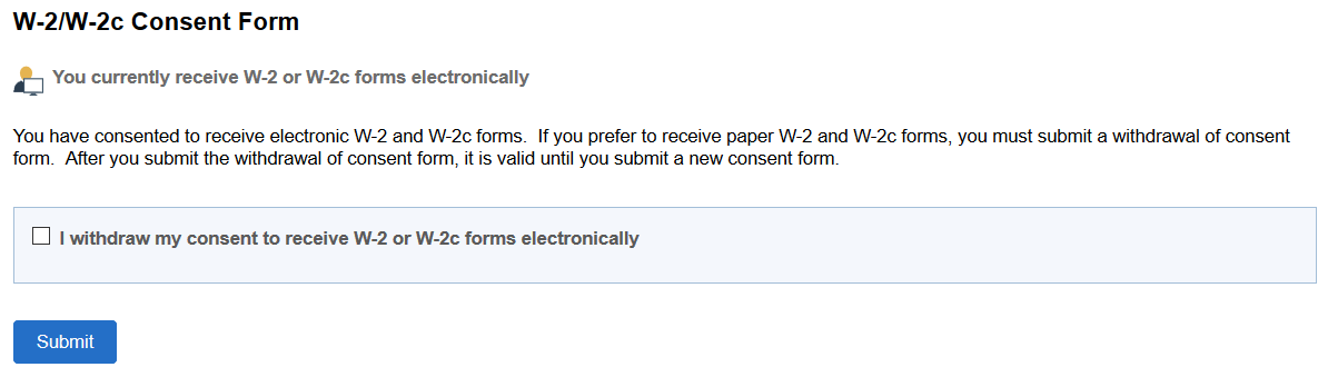 W-2/W-2c Consent Form page (currently receiving electronic form)