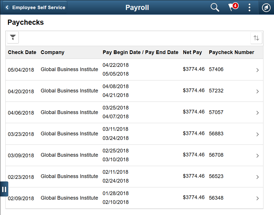 (Tablet) Paychecks page