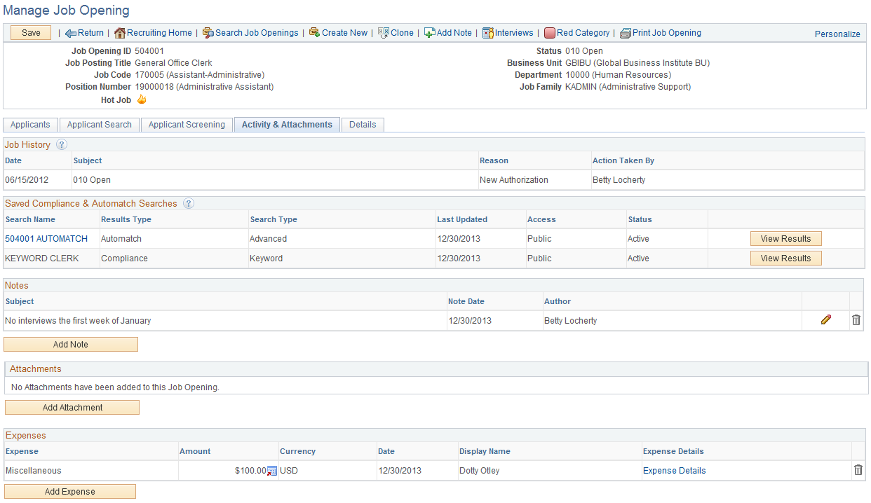 Manage Job Opening page: Activity and Attachments tab