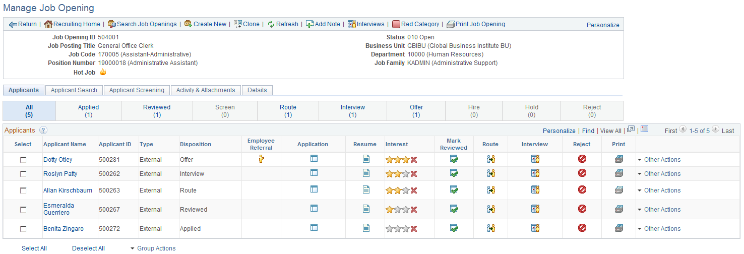 Manage Job Opening page: Applicants tab