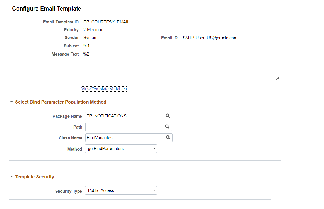 Configure Email Template page