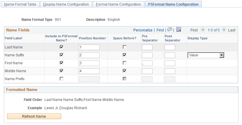 PSFormat Name Configuration page