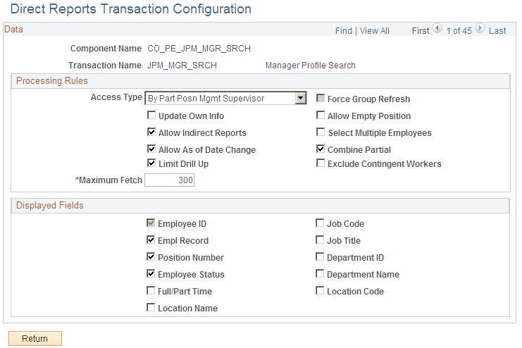 Direct Reports Transaction Configuration page