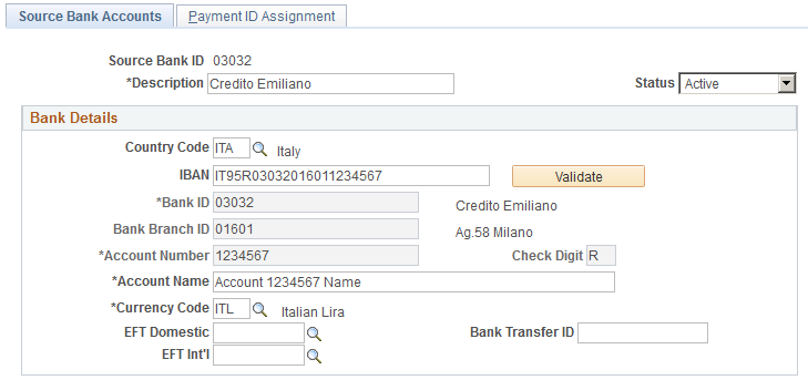 Source Bank Accounts page