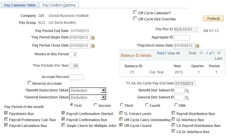 Pay Calendar Table page