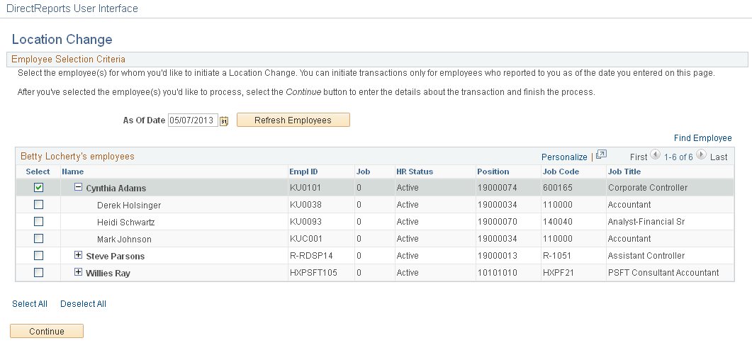 Example of Location Change where you select an as of date and employees page