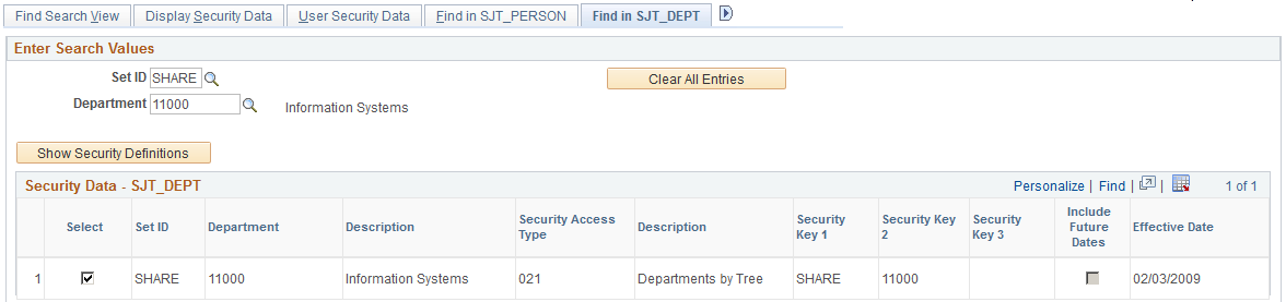 Find in SJT_DEPT page (1 of 2)