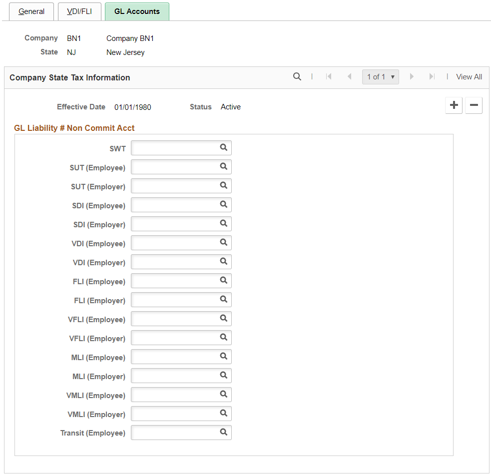 Company State Tax Table - GL Accounts page