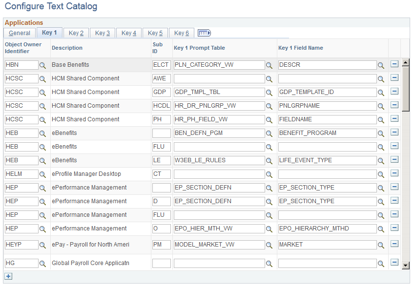 Configure Text Catalog page: Key 1 tab
