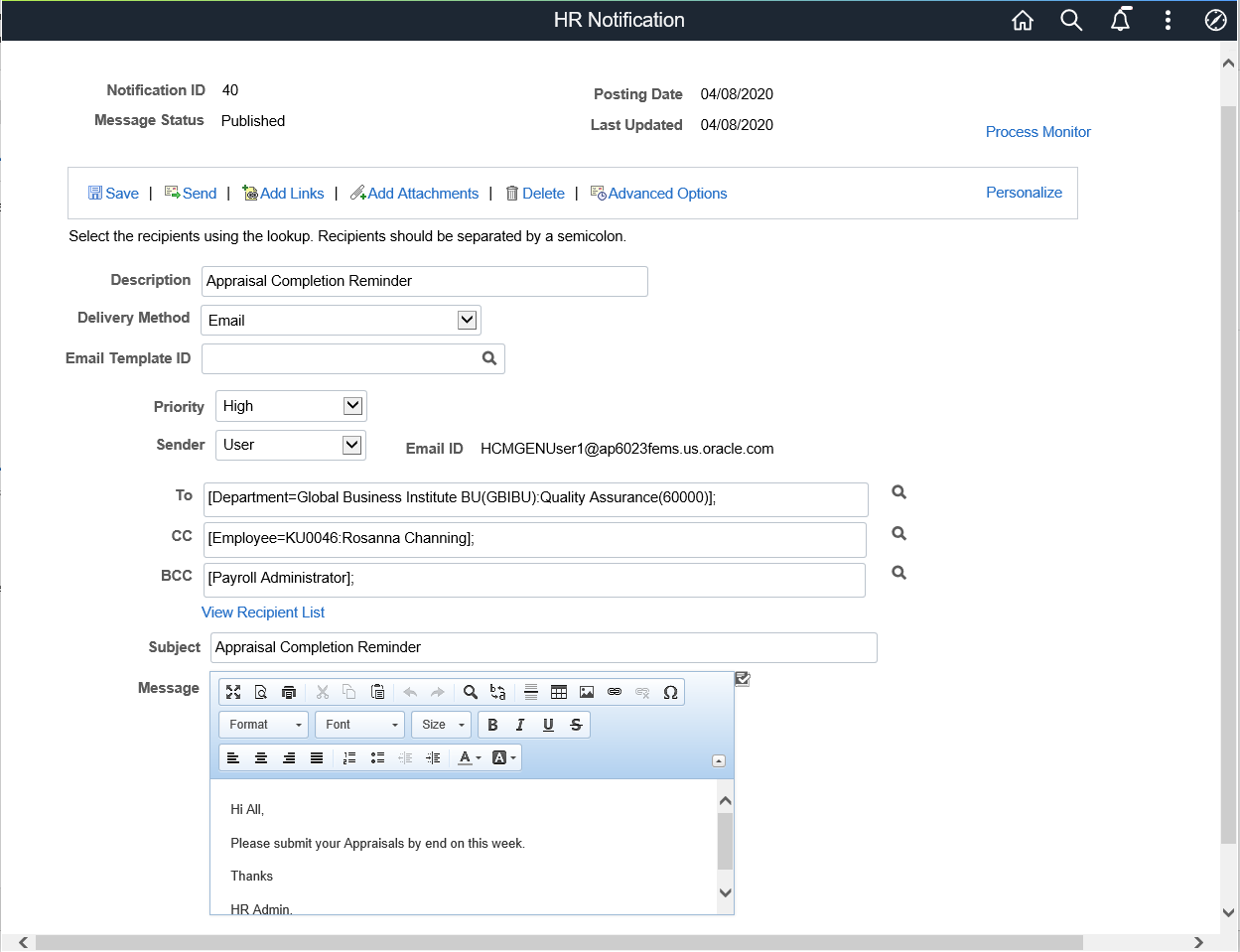 HR Notification Page with Priority and Sender
