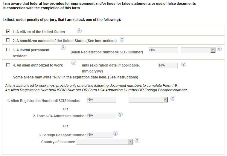 Employment Eligibility Verification page, Section 1 (2 of 3)