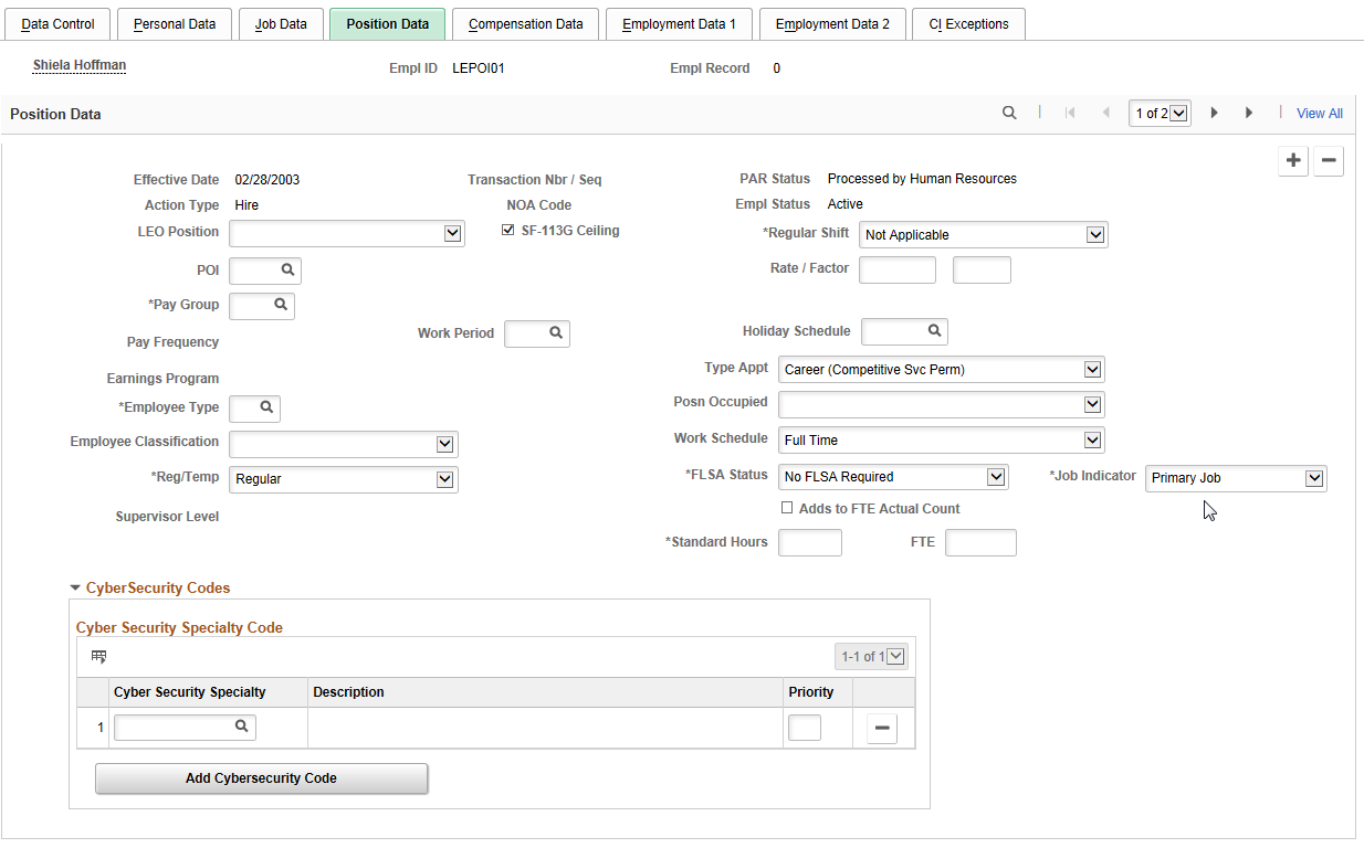Position Data page