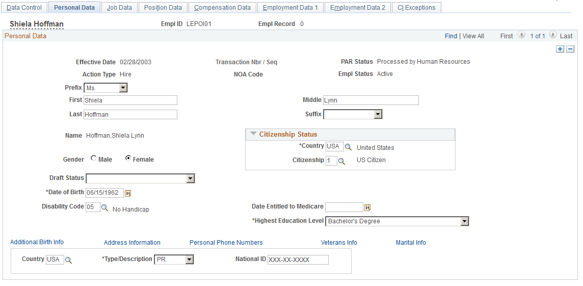 Personal Data page