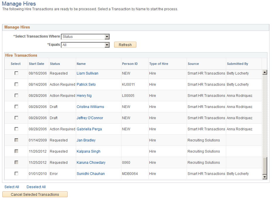 Manage Hires page