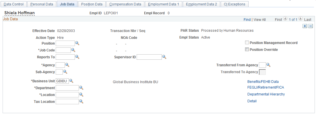 Job Data page