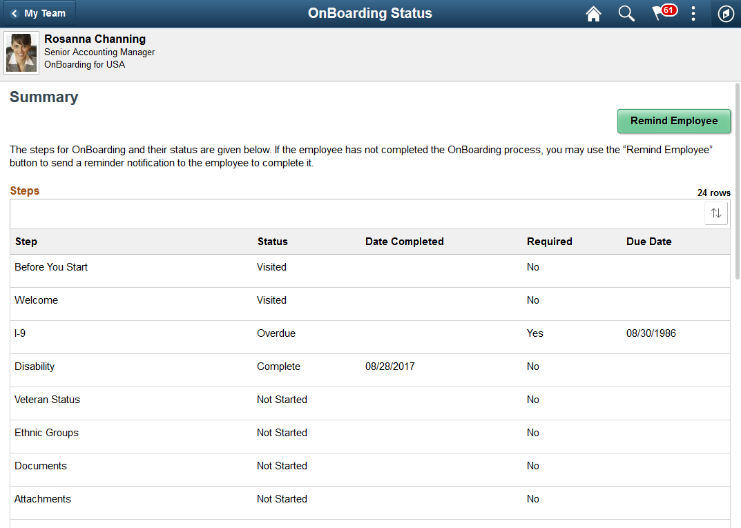 OnBoarding Status page