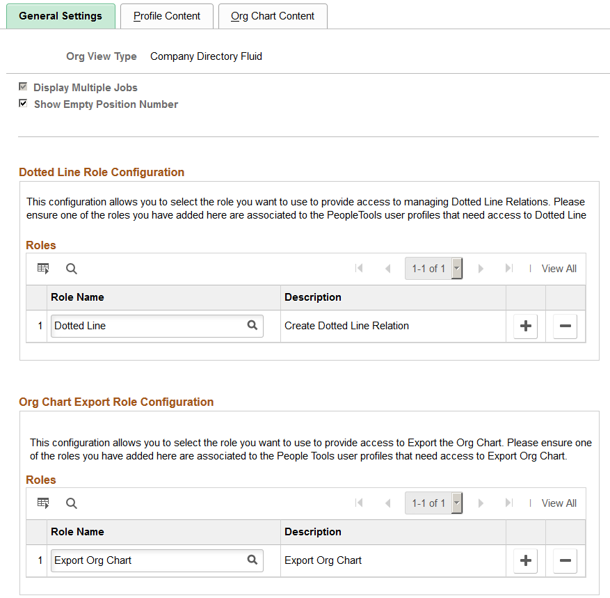Chart and Profile Settings - General Settings page for the Company Directory Fluid org view type