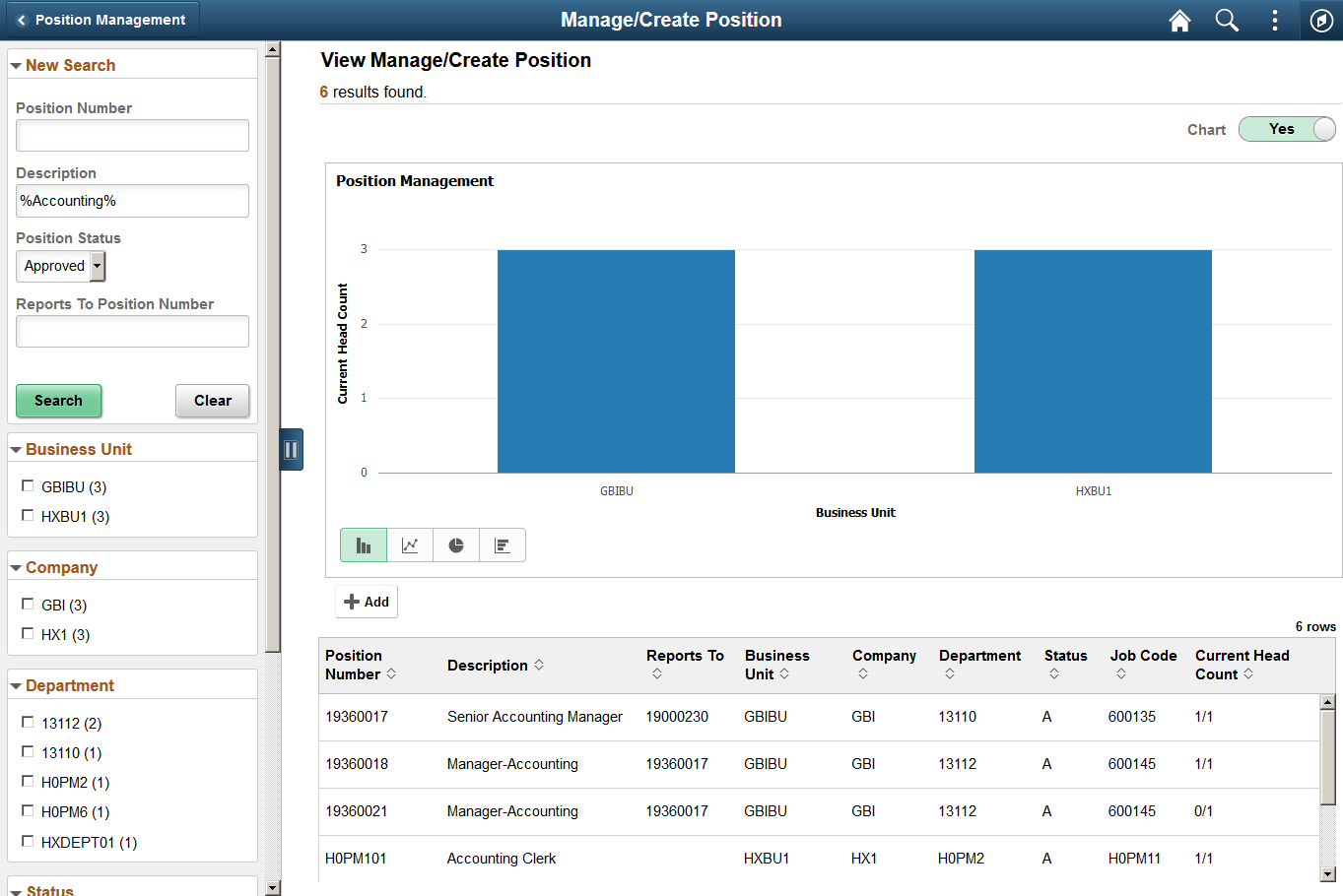 Manage/Create Position search page