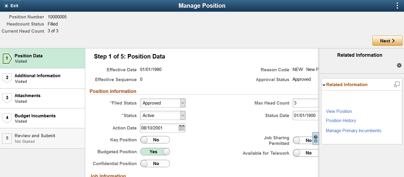 Supplementary Panel for the Manage Position pages