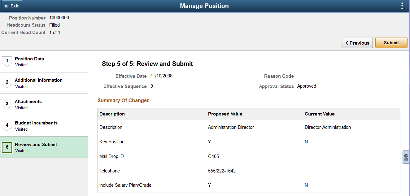 Manage Position - Review and Submit page