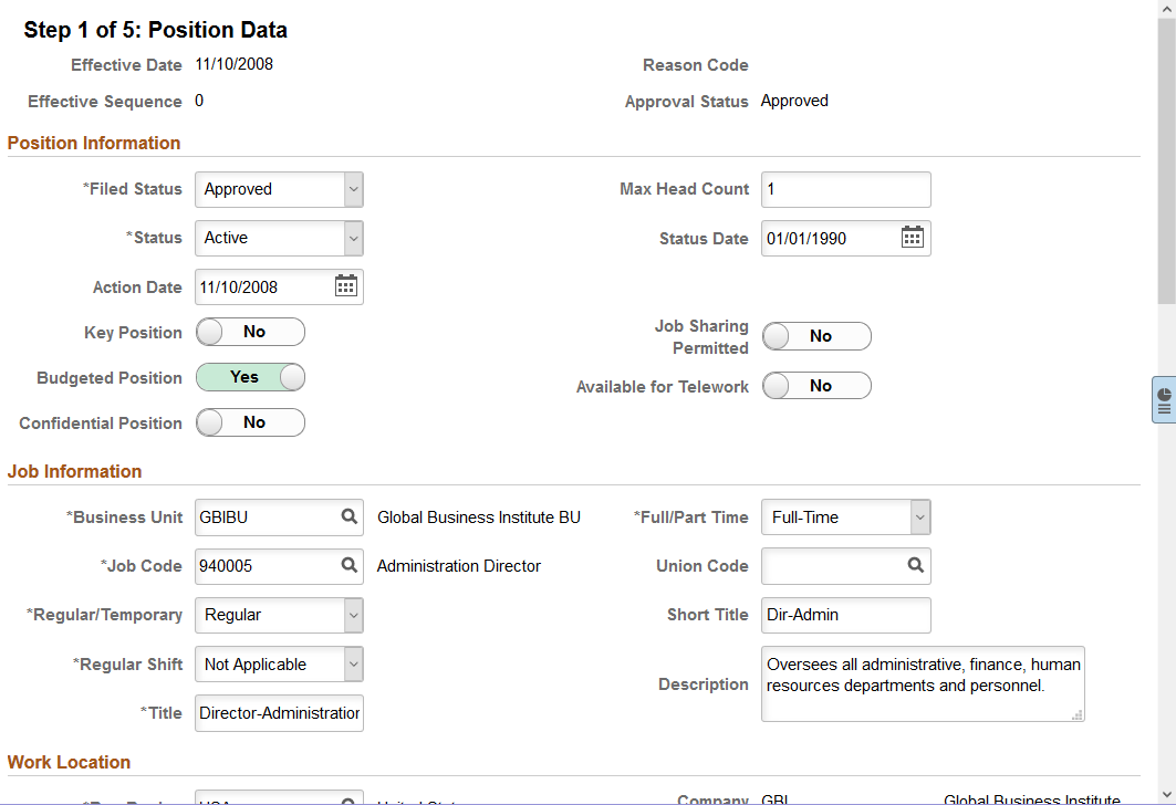 Manage Position or Create Position - Position Data page (1 of 3)