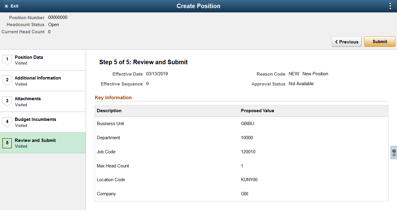 Create Position - Review and Submit page