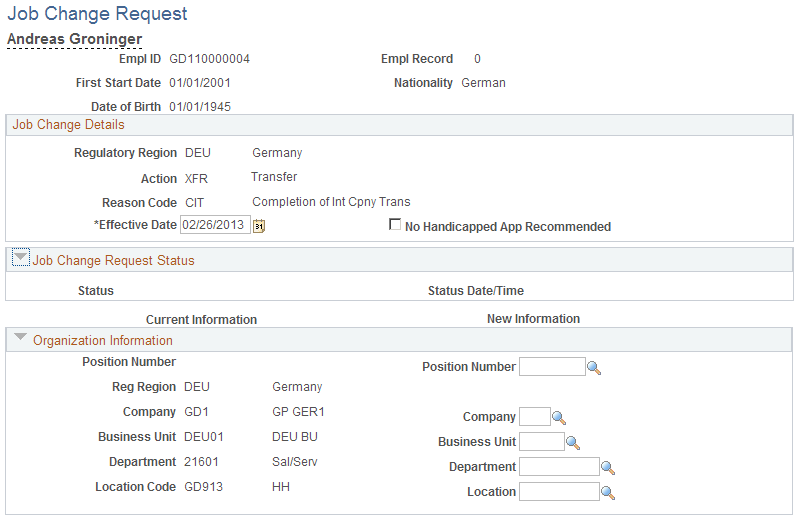 Job Change Request page, Transfer (1 of 2)