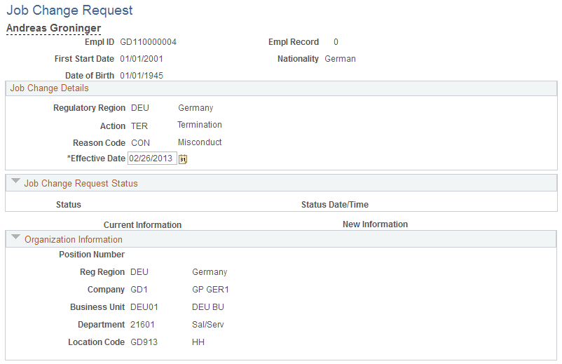 Job Change Request page, Termination (1 of 2)
