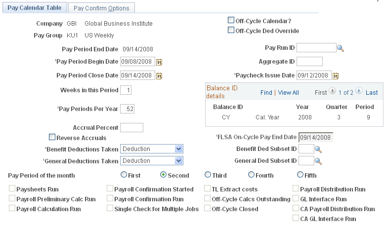 Pay Calendar Table page