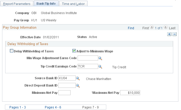 Pay Group Table - Bank/Tip Info page