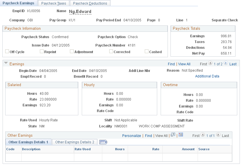 Paycheck Earnings page (1 of 2)