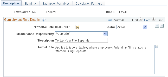 Garnishment Rules Table - Description page